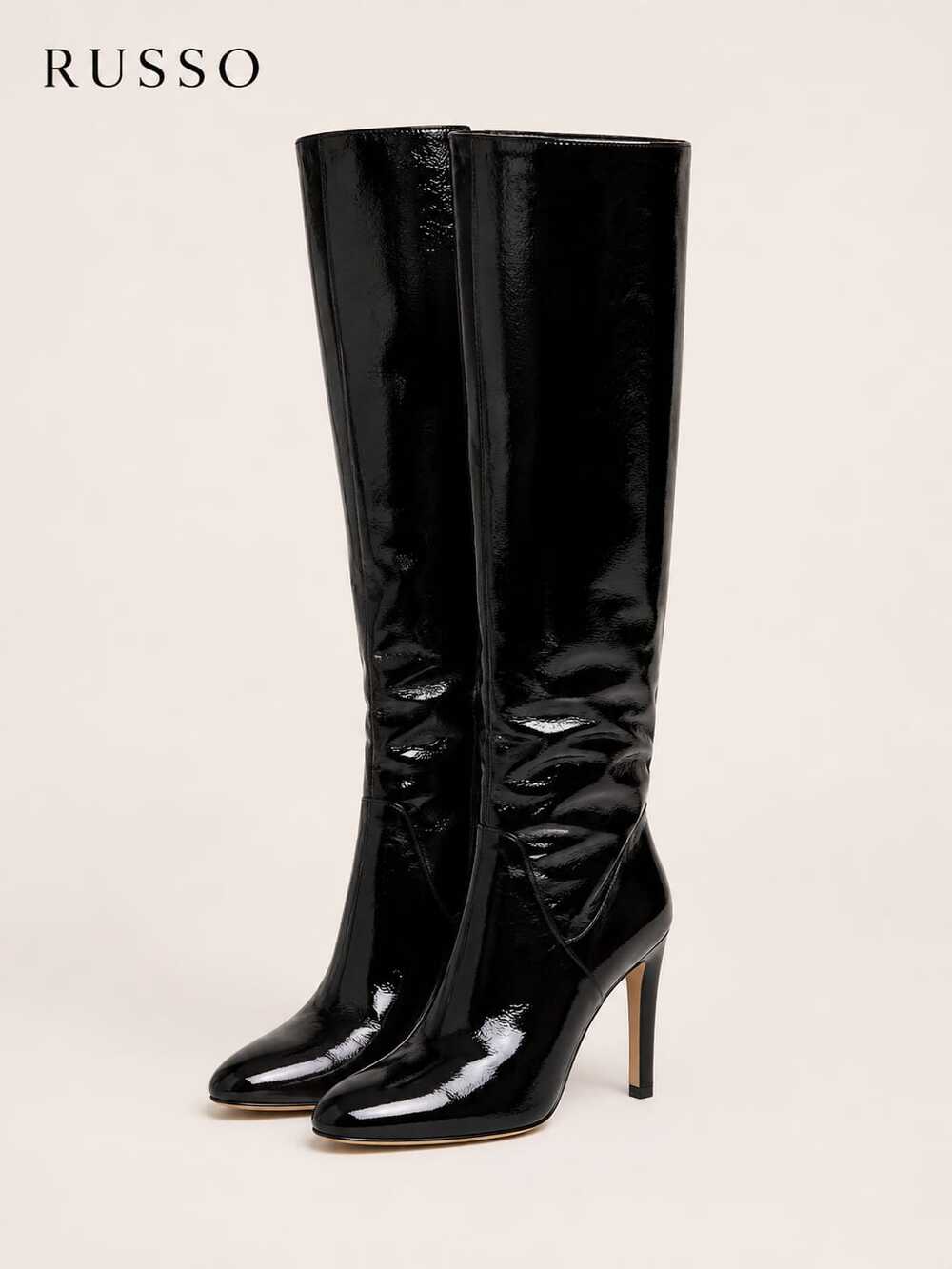 Russo Black Patent Leather Knee-High Boots, Size 38